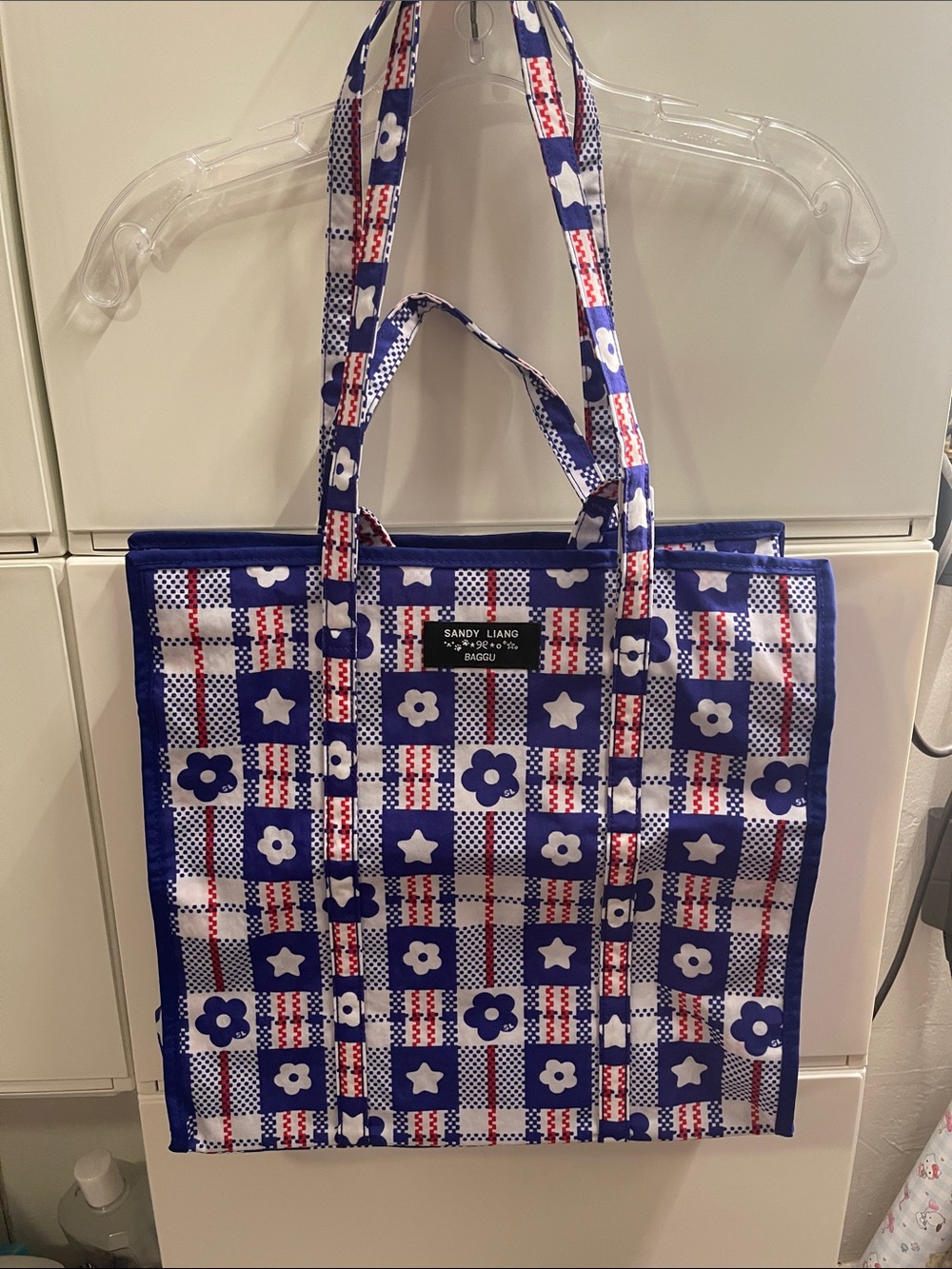 Authentic Sandy Liang x Baggu  Large Nylon Market Plaid Blue bag Tote brand new